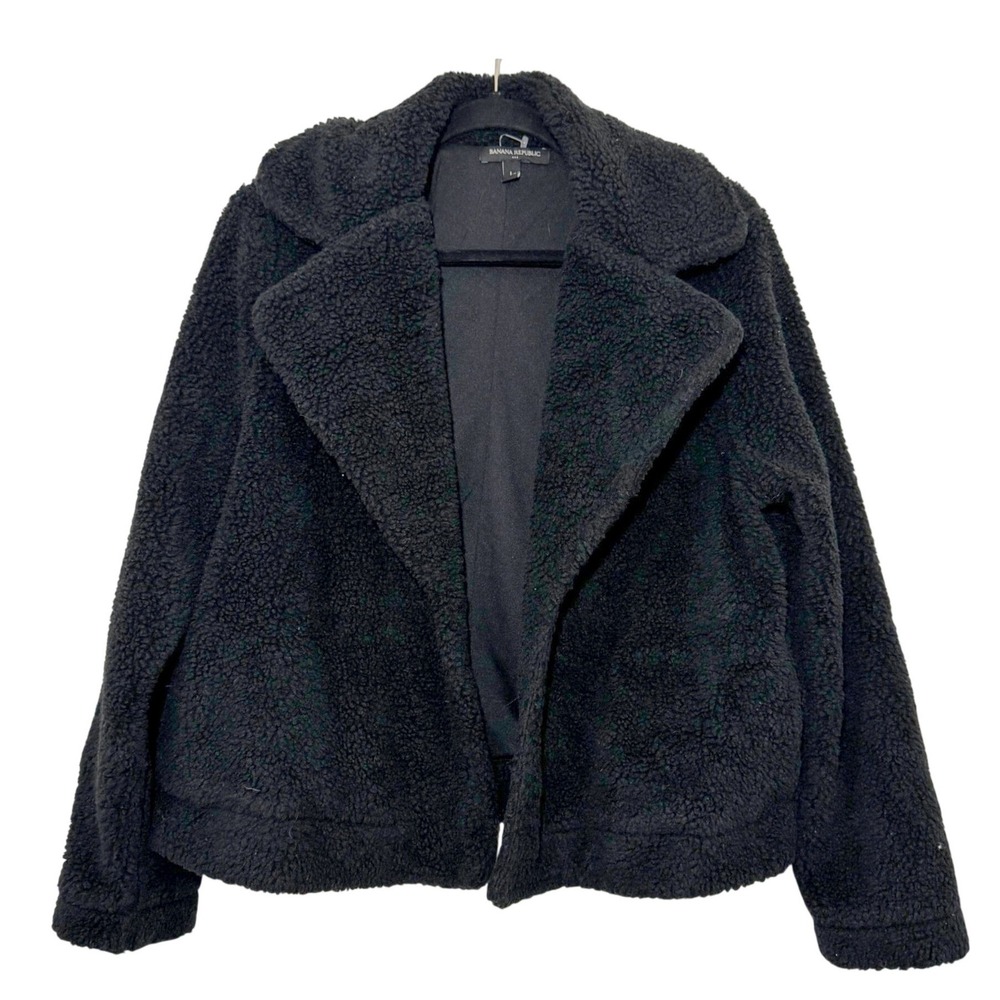 Banana Republic Black Sherpa Teddy Jacket Faux Fur Open Front Coat Womens Large - Picture 2 of 5